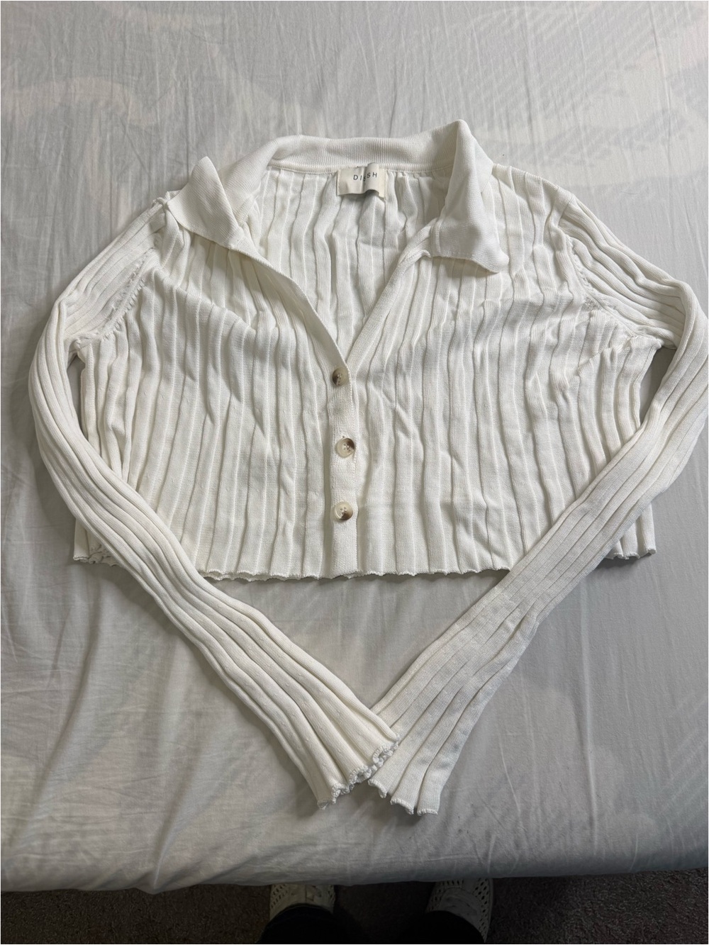 White Ribbed Button-Front Cropped Top